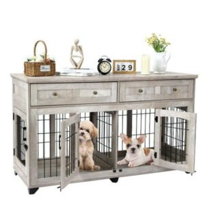 2024 New Dog Crate Furniture with 2 Drawers, 2 Rooms 58″ Dog Furniture, Wooden Dog House Kennel with 5-Doors for Large/Medium/Small Dog, Dog Crate Table, TV Stand