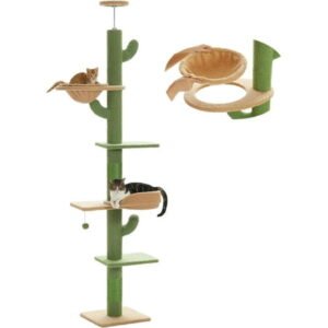 Floor to Ceiling Cat Tree, Cat Tower 5-Tier Height(95-107 Inches) Adjustable, Tall Cat Climbing Tree Featuring with Scratching Post, Cozy Bed,Interactive Ball Toy for Indoor Cats/Kitten Beige