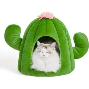 VETRESKA Cat Dog Bed Cat Cave Pet Dog House with Machine Washable Nest Cushion Green Cactus 16.5″