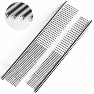 2 Pack Dog Combs, Professional Cat Combs for Grooming Long Haired Cats, Metal Comb with Stainless Steel Rounded Tips Teeth for Dogs, Cats and Other Pets, Great Shedding Tool, 6.3IN/7.25IN