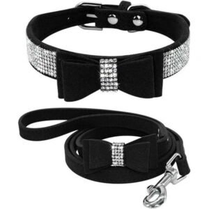 Beirui Rhinestone Bling Leather Dog Collar and Leash Set – Soft Flocking Sparkly Crystal Diamonds Studded – Cute Double Bowknot Collar with 4 Foot Leash for Pet Show,Pink,Neck fit 8-10″