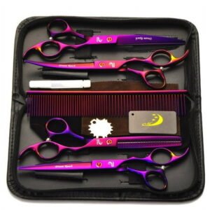 4Pcs 7” Salon Barber stainless steel Scissors Shearing for Kids Adults Haircut Pets Grooming Fur clippers Dog Cat Pro Electroplated Haircutting with Free Comb+Bag CoastaCloud