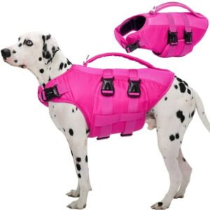 Kuoser Dog Life Jacket, Reflective Life Vest with Rescue Handle for Small Medium Large Dogs, Rosered, L