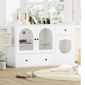 Homfa Cat Condo Litter Box Furniture, Wooden Cat Washroom Cabinet with Divider and Feeder Station, White