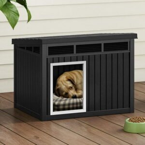 Uforic 32″ Plastic Dog House, Outdoor Indoor Dog Kennel with Liftable Roof & Good Ventilation for Medium Dogs,Black