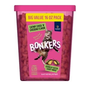 BONKERS Cat Bites, Catnip & Chick ‘N’ Cheddar Flavor, Crunchy & Soft Cat Snacks, Treats for Cats, 16 oz Tub – ( 4pack )