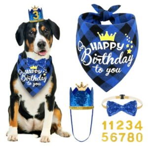 Vivifying Dog Birthday Bandana Set, Doggie Birthday Party Supplies Decorations (11-Piece Set) with Cute Dog Bow Tie, Crown Hat with Numbers for Small Medium Large Dogs, Blue Dog Birthday Outfit (Blue)