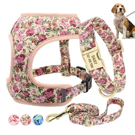 Pet Artist Floral Dog Harness Collar and Leash set With Custom Personalized Metal Buckle ID Nameplate