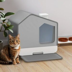 Uforic Enclosed Cat Litter Box,with Odor-Free Enclosed Hooded Easy to Clean,with Mat and Scoop,Gray