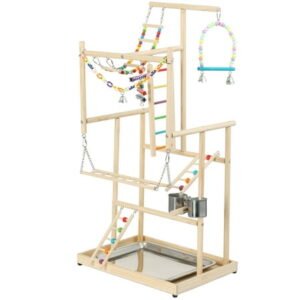 Navaris Wooden Parrot 4-Tier Playpen – Vibrant Budgie Playground with Parrot Stand Ladder Toys and Accessories – Bird Play Stand – Budgie Perch for Fun