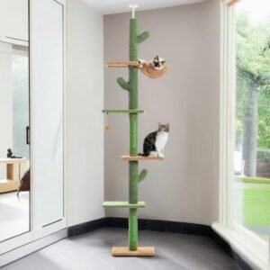Pefilos 95″-108″ Adjustable Height Cactus Cat Tree for Indoor Cats, Modern Floor to Ceiling Cat Tower, 5 Level Cat Climbing Tree, Green