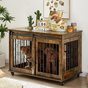 IchbinGo Dog Crate Furniture with Sliding Barn Door, 39″ Wooden Dog Kennel End Table with Wheels and Flip-top Plate Dog House with Detachable Divider for Small/Medium/Large Dog (Rustic )