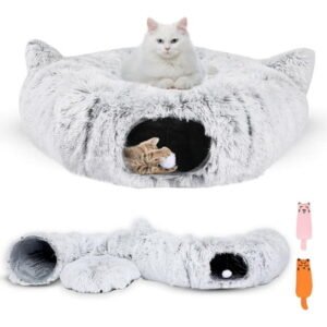 Cat Tunnel Bed with 2 Catnip Toys – 32″ Diameter – Versatile Cat Donut Tunnels for Indoor Cats – Cozy Cat Furniture – Foldable Peekaboo Cat Cave – Machine Washable & Easy Assembly