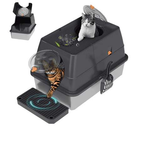 PetWhole Extra Large Stainless Steel Enclosed Cat Litter Box with Accessories, Black