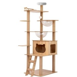 Mekidulu 7-Level 67″ Wooden Cat Tree Climbing Tower with Scratching Posts,Bed, Ball, Bowl, Brown