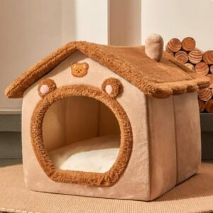 IMossad Foldable Dog House with Soft Cushion, Indoor Pet Bed for Small to Large Dogs and Cats, Non-Slip Plush Kennel with Zipper, Brown