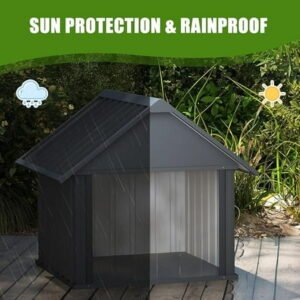 Upgraded Dog House Outdoor with Door Curtain, 36″ Weatherproof Puppy Shelter for Medium Large Dogs, Anti-Chewing Iron Frame, Sturdy and Long-Lasting Dog Tent