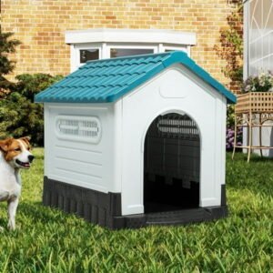 ModFusion Small Plastic Dog House, 22″ Outdoor Pet Shelter with Adjustable Skylight and Water Resistance, Blue and White