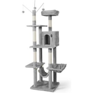 CAPHAUS 70-Inch Activity Tree with Hammock, Multi-Level Modern Cat Climbing Play Tower w Tall Top Perch, Cat Cave Condo, Indoor Cat Treew Cute Scratching Posts for Large Cats Kittens