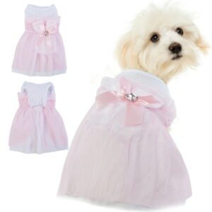 QBLEEV Dog Pink Wedding Dress for Small Medium Girl Dogs，Sweet Dog White Princess Dresses with Bowknot,Pet Lace Costume Summer Apparel Formal Clothes for Wedding