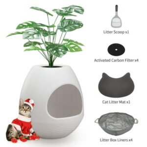 Coziwow Hidden Litter Box Set, Enclosed Cat Litter Box Planter with Artificial Plants, Odor Control Carbon Filter, Cat Litter Mat and Scoop, White