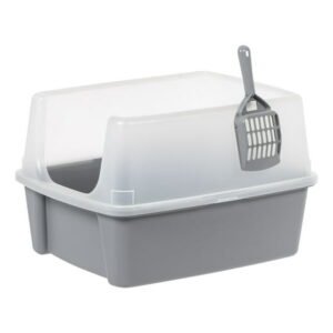 IRIS Open Top Cat Litter Tray with Scoop and Scatter Shield, Cat Litter Pan, Gray