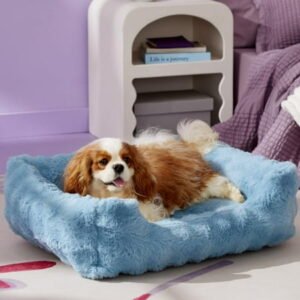Lesure Fluffy Dog Beds for Medium Dogs – Rectangle Orthopedic Calming Pet Sofa,Plush Bubble Bolster Pet Bed with Removable Washable Cover and Nonskid Bottom,30x24x8inches,Blue