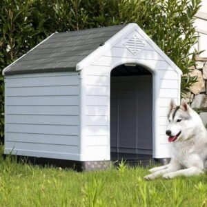 Outdoor Indoor Dog House, Weather & Water Resistant Large Dog House for Small Medium Large Dogs, Durable Plastic Outdoor Dog House with Air Vents and Elevated Floor, (34.5”L*30.5”W*32”H, Grey)