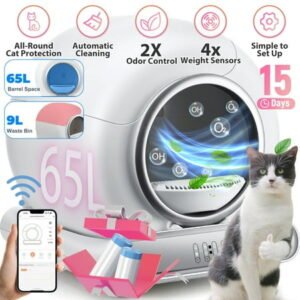 Self Cleaning Litter Box, 65 L+9L Automatic Cat Litter Box Self Cleaning for Multiple Cats, with Safety Protection, App Control,2 Roll Garbage Bags