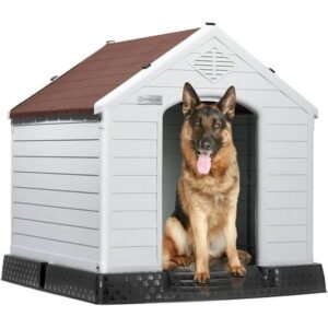 LEMBERI Durable Waterproof Plastic Dog House for Small to Large Sized Dogs, Indoor Outdoor Doghouse Puppy Shelter with Elevated Floor, Easy to Assemble (Brown, 42”L*38”W*39”H)