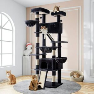 Amolife 81″H X-Large Cat Tree and Tower with Cat Condo House & 2 Scratching Ramps, Hammock & Scratching Posts, Blue