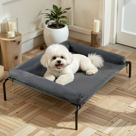 Dog Bed, DOMIPET Elevated Dog Bed Cot with Removable Pillow for Small Dogs,Cooling Pet Cot, Gray
