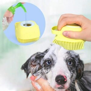 Dog Bath Brush,Dog Scrubber Best Pet Bathing Tool for Dogs, Dog Wash Scrub Soft Silicone Dog Grooming Brush Bristles with Loop Handle Give Pet Gentle Massage,Extra Shampoo Dispenser(Yellow)