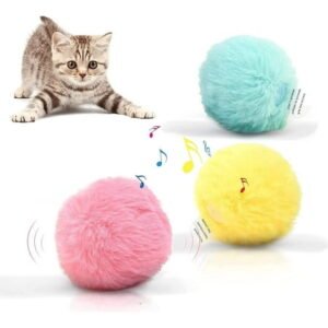 3 Pack Fluffy Plush Cat Ball Toys, Interactive Chirping Balls Cat Kicker Toys