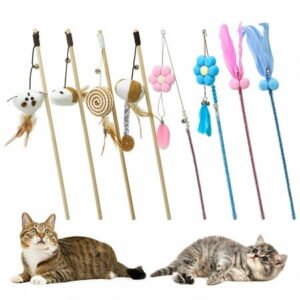 Cat Teaser 8pcs Cat Kitten Toys Set,Natural Feather Linen Wand Teasers for Cat Kitten Having Fun Exerciser Playing, with Mouse, Feather, and Sturdy Wood Rod