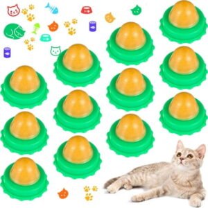 Nuanchu 12 Pieces Cat Snacks Candy Ball Lickable Sugar Energy Ball Edible Catnip Cat Lollipop Wall Toy Kitten Sweet Treats Candy for Pet Kitten Playing Licking(Green) C9