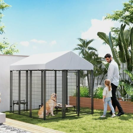 PawHut Outdoor Dog Kennel with Roof, Welded Wire Dog Playpen Enclosure with Escape-proof Lock, UV-Resistant & Waterproof Cover, 6′ x 6′ x 6′, Silver
