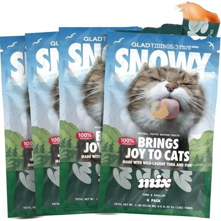 Glad Tidings Snowy’s Lickable Wet Seafood Cat Treats Made with Wild-Caught Tuna and Seafood, Creamy Squeezable Purée, Topper with Vitamin E & Taurine (Standard, Tuna + Scallop)