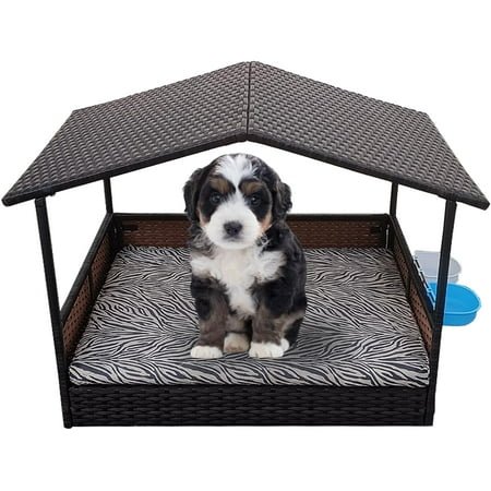 Outdoor Wicker Dog House with Canopy, Rattan Outside Dog Shelter with Removable Cushion Lounge, Washable Cover, Dog Bowl, Elevated Raised Rattan Dog Bed for Small to Medium Dogs & Cats