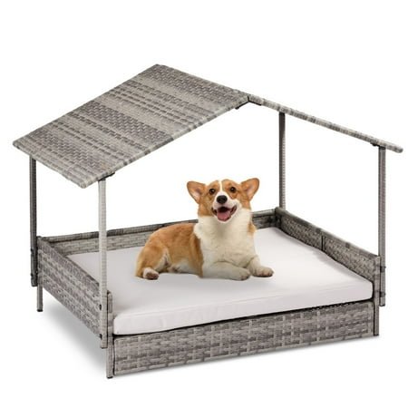 IVV Wicker Dog House Outdoor with Canopy, Rattan Dog Bed with Water-Resistant Cushion, Raised Dog Bed for Small Medium Dogs Cats, Gray