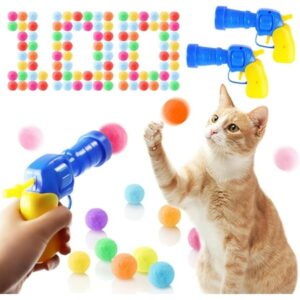 BYXAS Cat Toy Balls with 2 Launcher, 100 Cat Pompom Balls, Interactive Kitten Self Play Cats Toys for Indoor, Silent Cat Fetch Toy Plush Ball, Active Cat Exercise Toys Training Playing