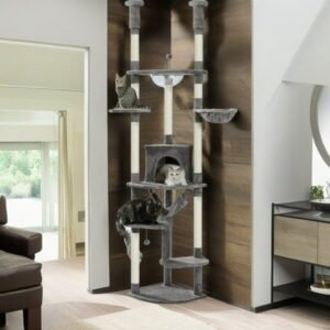 Demi Bonn Floor to Ceiling Cat Tree for Indoor 92″-101″ Height Adjustable Cat Tower, Kitty Climbing Play House with Cozy Cat Condo, Perches and Hammock, Gray