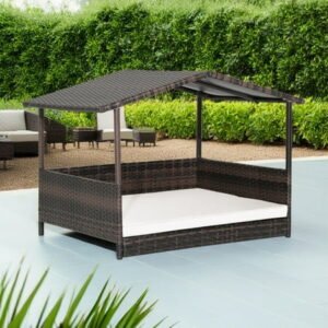 Demi Bonn 38″ Pet Dog Bed Furniture with Provide Pet Mat, Outdoor PE Wicker Dog House for Cat and Dog with Waterproof Roof Kennel, Brown+White