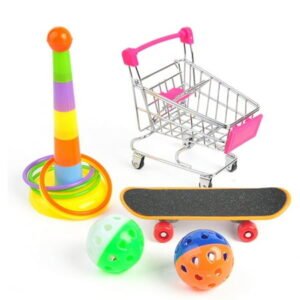 Ludlz 5PCS Parrot Toys , Mini Shopping Cart – Training Rings Skateboard Ball – Parrot Standing Training Toys Parrot Intelligence Toy for Budgie Parakeet Cockatiel Bird Toy Part