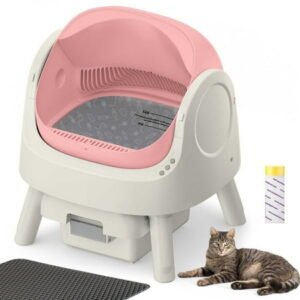 Rawrose Large Open-Top Automatic Cat Litter Box Self Cleaning with Safety Protection, Mat and Trash Bags Included, Pink