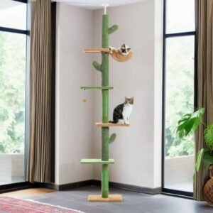 Demi Bonn 95″-108″ Adjustable Height Cactus Cat Tree for Indoor Cats, Modern Floor to Ceiling Cat Tower, 5 Level Cat Climbing Tree, Green