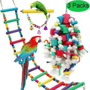 3 Pcs Bird Toys, Large Bird Chewing Toys, Hanging Parakeet Toys for Bird Cage, Parrot Toys with Bells