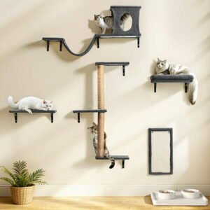 Cat Wall Shelves Perches Set, DOMIPET 5 in 1 Wall Furniture, Sleeping Playing Lounging Climbing Wall-mounted Cat Tree House for Multiple Cats