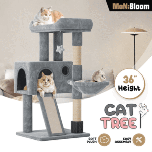 MoNiBloom Cat Tree, 36 Inch Cat Tree Tower with Cat Condo, Small Cat Tower with Scratching Post & Sisal-Covered Scratching Board, Cat Climbing Tower with Hammock, Cat Tree for Indoor Cats, Light Gray