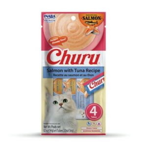 Inaba Salmon Churu Creamy Lickable Purée Cat Treat, 0.5 oz Tube, 32 Tubes, Salmon with Tuna